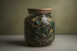 Glas Vase mit geometrisch Muster auf dunkel Hintergrund. ai generativ foto