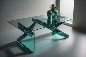Innere von ein Leben Zimmer mit ein Glas Tisch. ai generativ foto