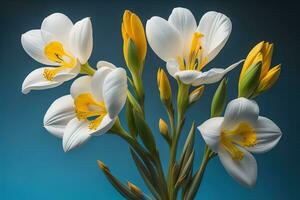 Strauß von Krokus und Tulpen auf solide Farbe Hintergrund. ai generativ foto