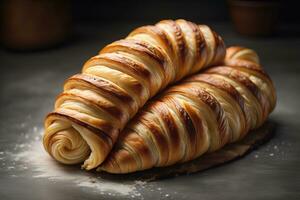 frisch gebacken Croissants auf ein hölzern Tisch, schließen hoch. ai generativ foto