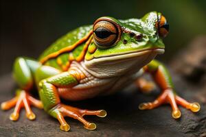 europäisch Baum Frosch, Hyla Arborea isoliert auf solide Farbe Hintergrund. ai generativ foto