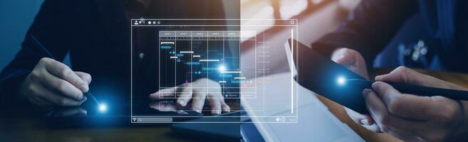 Geschäftsmann Analysieren Geschäft Unternehmen Daten Management, Geschäft Analytik mit Diagramme, Metriken und kpis zu verbessern organisatorisch Leistung, Marketing, finanziell Organisation Strategie. foto