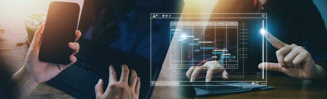 Geschäftsmann Analysieren Geschäft Unternehmen Daten Management, Geschäft Analytik mit Diagramme, Metriken und kpis zu verbessern organisatorisch Leistung, Marketing, finanziell Organisation Strategie. foto