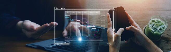 Geschäftsmann Analysieren Geschäft Unternehmen Daten Management, Geschäft Analytik mit Diagramme, Metriken und kpis zu verbessern organisatorisch Leistung, Marketing, finanziell Organisation Strategie. foto