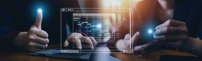 Geschäftsmann Analysieren Geschäft Unternehmen Daten Management, Geschäft Analytik mit Diagramme, Metriken und kpis zu verbessern organisatorisch Leistung, Marketing, finanziell Organisation Strategie. foto