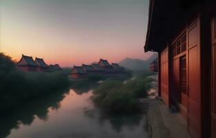 Chinesisch Stil Landschaft Fluss traditionell Haus Sonnenuntergang Hintergrund, ai generativ foto