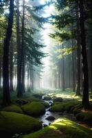 ein Landschaft von verzaubert Wald Baum Bach und ätherisch glühen Sonnenlicht, ai generativ foto