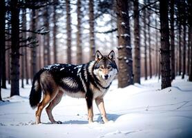 schließen oben realistisch Foto von ein Wolf im das Winter Schnee Wald, verschwommen Hintergrund