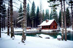 realistisch Foto Landschaft von Winter Schnee Wald See und Holz Haus, ai generativ