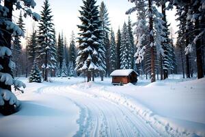 realistisch Foto Landschaft von Winter Schnee Wald und Holz Haus, ai generativ