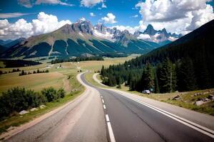 realistisch Foto schön Landschaft von Berge Blau Himmel und windig Straßen, ai generativ