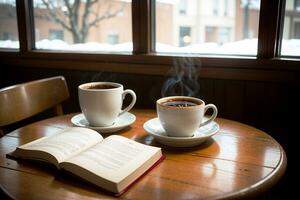 realistisch Foto von ein Kaffee Tasse und Buch auf Holz Tabelle im ein Kaffee Geschäft mit gemütlich Atmosphäre, ai generativ