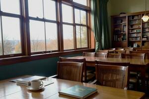 realistisch Foto von ein Kaffee Tasse und Buch auf Holz Tabelle im ein Kaffee Geschäft mit gemütlich Atmosphäre