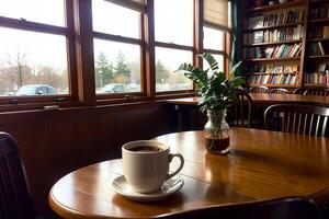 realistisch Foto von ein Kaffee Tasse und Pflanze Flasche auf Holz Tabelle im ein Kaffee Geschäft mit gemütlich Atmosphäre, ai generativ