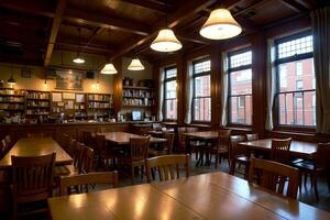 realistisch Foto Innere von Holz Tabelle Stühle mit hell Fenster leicht Bibliothek Studie Zimmer