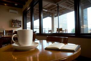 realistisch Foto von ein Kaffee Tasse und Buch auf Holz Tabelle im ein Kaffee Geschäft mit gemütlich Atmosphäre