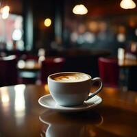 schließen oben von Kaffee Tasse auf Tabelle im Kaffee Geschäft verschwommen Hintergrund, ai generativ foto