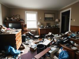 fotografieren von ein überladen Leben Raum gefüllt mit Müll Trümmer gebrochen Möbel, ai generativ foto