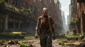 ein männlich Zombie Gehen auf ein verlassen Stadt foto
