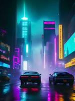 Landschaft Illustration von Neon- Dampfwelle Cyberpunk Stadt Straße und Auto, ai generativ foto