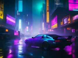 Landschaft Illustration von Neon- Dampfwelle Cyberpunk Stadt Straße und Auto, ai generativ foto