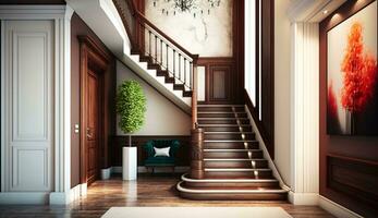das Innere Design von das modern Eingang Halle mit ein Treppe im das Villa generativ ai foto