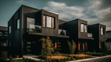 modern modular Privat schwarz Reihenhäuser Wohn die Architektur Außen generativ ai foto