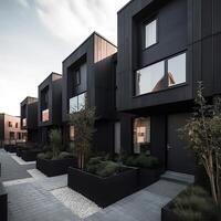 modern modular Privat schwarz Reihenhäuser Wohn die Architektur Außen generativ ai foto