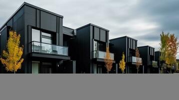 modern modular Privat schwarz Reihenhäuser Wohn die Architektur Außen generativ ai foto