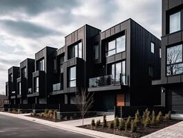 modern modular Privat schwarz Reihenhäuser Wohn die Architektur Außen generativ ai foto