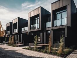 modern modular Privat schwarz Reihenhäuser Wohn die Architektur Außen generativ ai foto