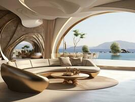 Luxus Villa auf das Strand Innere Design von das modern Leben Zimmer mit golden Skulpturen generativ ai foto