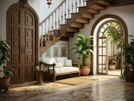 Innere Design von Eingang Halle mit Tür und Treppe generativ ai foto