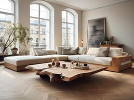 rustikal Leben Kante Tabelle und Stühle in der Nähe von Beige Sofa Innere Design von modern Leben Zimmer generativ ai foto