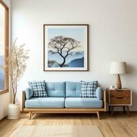 Mitte Jahrhundert Stil Innere Design von modern Leben Zimmer mit Blau Sofa gegen Weiß Mauer und Kunst Poster Rahmen generativ ai foto
