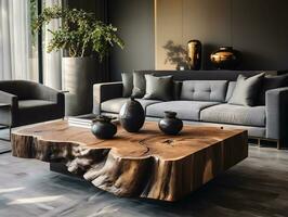 modern Leben Zimmer mit hölzern Stumpf Kaffee Tabelle in der Nähe von grau Sessel und Sofa generativ ai foto