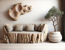 rustikal Sofa gemacht von solide Holz Baum Kofferraum und Seite Tabelle in der Nähe von Beige Stuck modern Leben Zimmer generativ ai foto