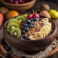 acai Schüssel mit Früchte Kiwi Apfel Banane und Müsli generativ ai foto