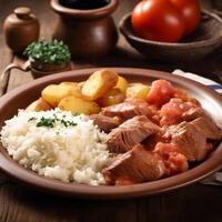 typisch Brasilianer Fleisch weiß Tomaten und Kartoffel generativ ai foto