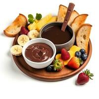 Schokolade Fondue mit Früchte und Toast generativ ai foto