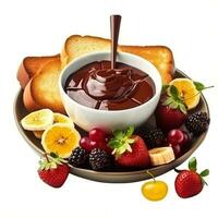 Schokolade Fondue mit Früchte und Toast generativ ai foto
