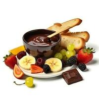 Schokolade Fondue mit Früchte und Toast generativ ai foto