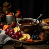 Schokolade Fondue mit Früchte und Toast generativ ai foto