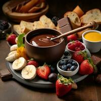 Schokolade Fondue mit Früchte und Toast generativ ai foto