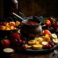 Schokolade Fondue mit Früchte und Toast generativ ai foto