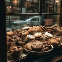 Kekse im ein Geschäft Fenster generativ ai foto