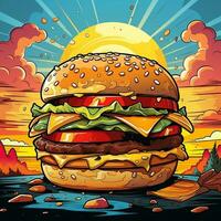 Karikatur Stil köstlich Käse Burger auf bunt Pop Kunst retro Hintergrund generativ ai foto