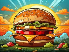 Karikatur Stil köstlich Käse Burger auf bunt Pop Kunst retro Hintergrund generativ ai foto