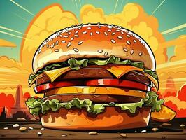 Karikatur Stil köstlich Käse Burger auf bunt Pop Kunst retro Hintergrund generativ ai foto