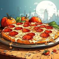 Karikatur Stil köstlich Italienisch Peperoni Pizza auf retro Pop Kunst Hintergrund generativ ai foto